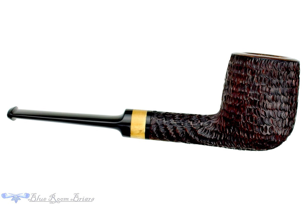 Blue Room Briars is proud to present this Brian Madsen Pipe Rusticated Billiard with Box Elder Burl Insert